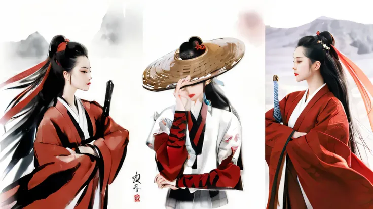 Two photos of the woman in the red dress and the woman in the red dress, inspired by Tōshūsai Sharaku, inspired by Fu Baoshi, inspired by Shunkōsai Hokushū, traditional japanese concept art, Wuxia, inspired by Shūbun Tenshō, inspired by Ma Shi