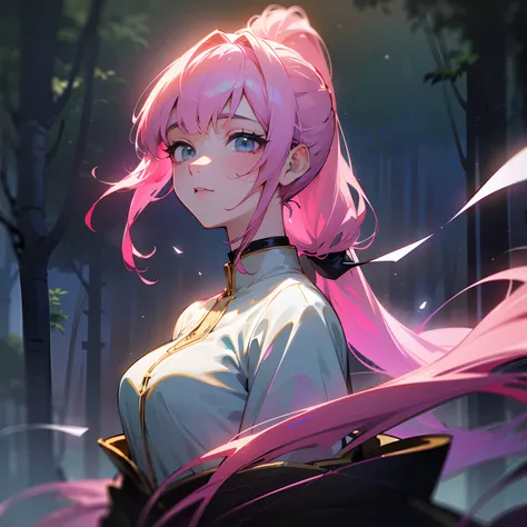 (best quality,4k,8k,highres,masterpiece:1.2), good composition, ultra-detailed,anime styled, beautiful, ethereal, waifu, portrait,psychic aura,vibrant pink hair in a long ponytail, deep eyes,ethereal gown,enchanting forest background,landscape,moonlit back...