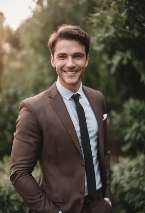 portrait of an evil laughing male instagram model with short brown hair in a business suit, elegant and charismatic, triumph pose, science-fiction set background, unsplash, maximalism style, nikon 10mm --c 14 --ar 2:3 --v 5.0 --s 750