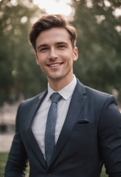 portrait of an evil laughing male instagram model with short brown hair in a business suit, elegant and charismatic, triumph pose, science-fiction set background, unsplash, maximalism style, nikon 10mm --c 14 --ar 2:3 --v 5.0 --s 750