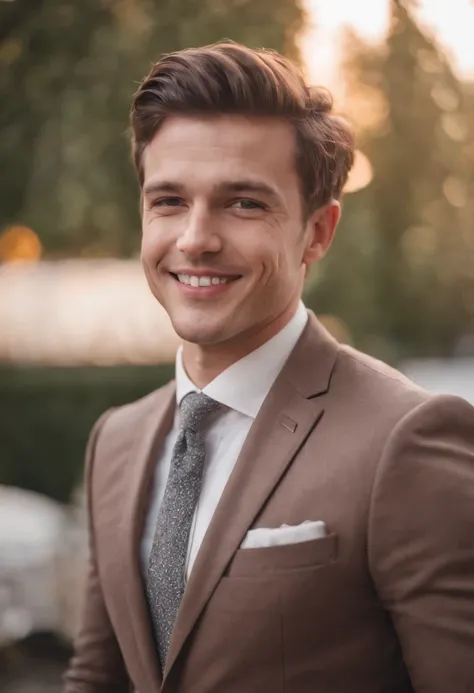 portrait of an evil laughing male instagram model with short brown hair in a business suit, elegant and charismatic, triumph pose, science-fiction set background, unsplash, maximalism style, nikon 10mm --c 14 --ar 2:3 --v 5.0 --s 750