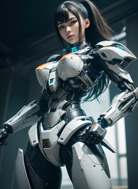 Textured skin, Super Detail, high details, High quality, Best Quality, hight resolution, 1080p, hard disk, Beautiful,(cyborgs),beautiful cyborg woman,Mecha Cyborg Girl,Battle Mode,Girl with a Mecha Body,She wears a battle cyborg mech with a weapon