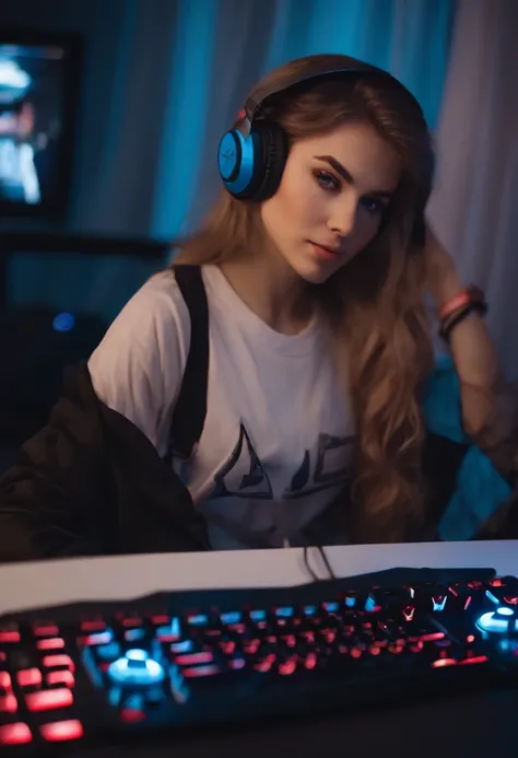 young, attractive gamer girl, E-girl with gaming setup and sexy comfy clothes