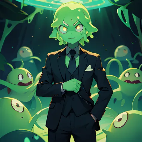 slime man wearing a suit with glowing eyes