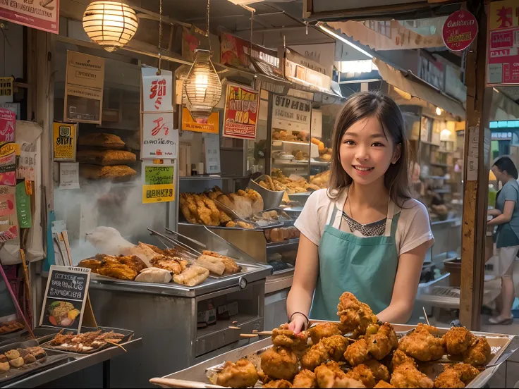 A girl, smile, At a small stall,Fried chicken wings are sold,grilling skewers,lamplight,