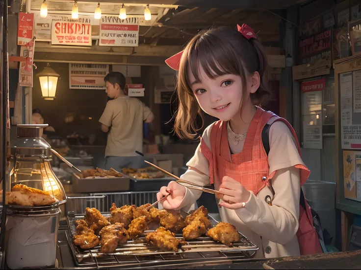 A girl, smile, At a small stall,Fried chicken wings are sold,grilling skewers,lamplight,