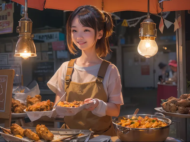 A girl, smile, At a small stall,Fried chicken wings are sold,grilling skewers,lamplight,