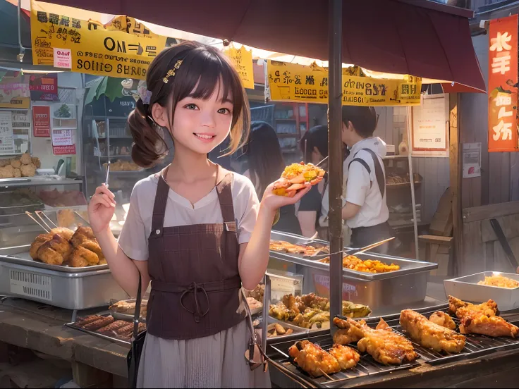 A girl, smile, At a small stall,Fried chicken wings are sold,grilling skewers,lamplight,