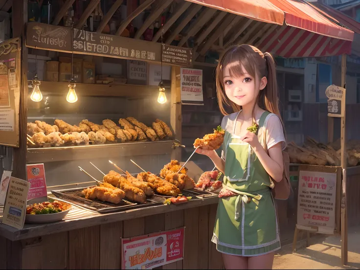 A girl, smile, At a small stall,Fried chicken wings are sold,grilling skewers,lamplight,