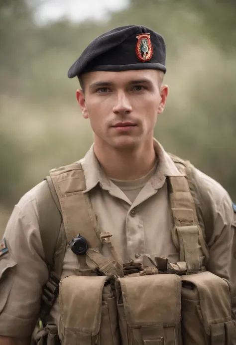 A United States soldier in the Philippines war, potrait, 8k, realistic, intense eyes, well-defined facial features, rugged appearance, detailed uniform, strong and determined expression, historic setting, war-torn background, dramatic lighting, authentic c...