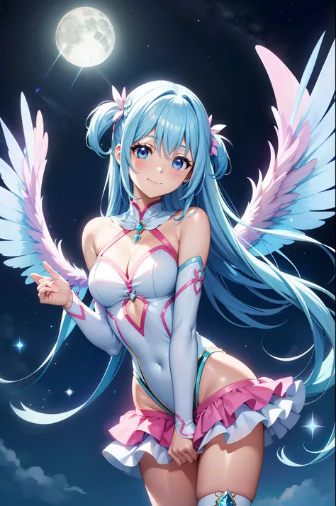 Super Idol　a beauty girl　A charming smile　sky blue hair　length hair　Twin-tailed　Glittery bright pink and white and blue and yellow leotards　facing front　7 colors of angel great wings on the back　Mystical　Fantasia　constellation　a moon　Crystal Brilliance　Aur...