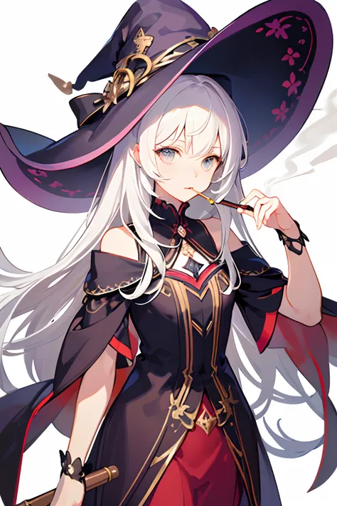 (masterpiece:1.2), best quality,pixiv, smoking girl,elaina,white hair,witch hat, 
white simple background,