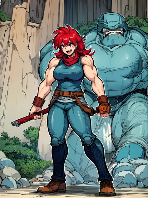 tomboy, warrior, berserker, tall female, muscular female, living hair, sauvage,, medieval clothing, fantasy, fantasy weapon, huge breasts, barbarian pants, , combat boots, armor, red hair, crazy smile, open mouth, biceps, necktie, thick arms,pullover, solo...