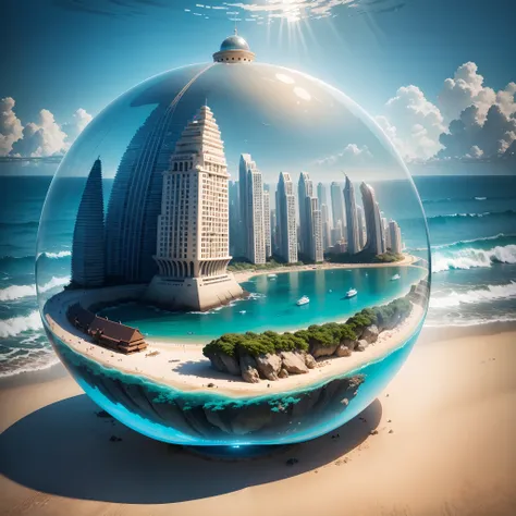 (Undersea city)，(Marine life)，Transparent fog，The hemispherical shape looks down from the sky，fanciful，Artistically。beach sand background