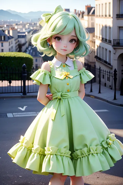 girl in princess long lime green dress, cute amile , cute ribbons, paris city street with nice view background