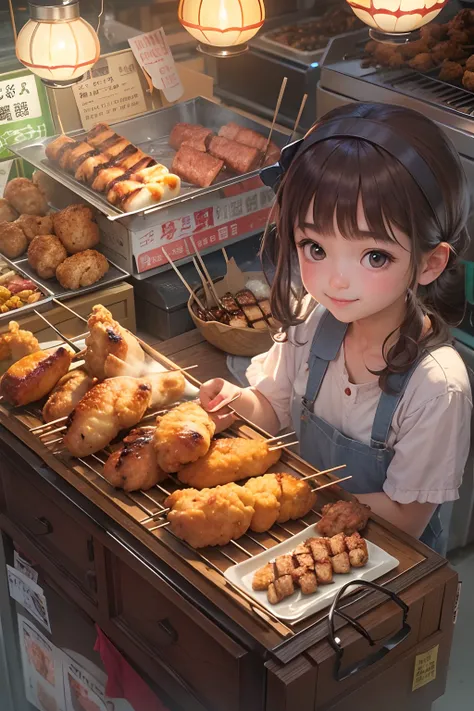 A girl, smile, At a small stall,Fried chicken wings are sold,grilling skewers,lamplight,