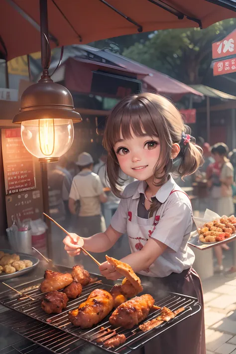 A girl, smile, At a small stall,Fried chicken wings are sold,grilling skewers,lamplight,