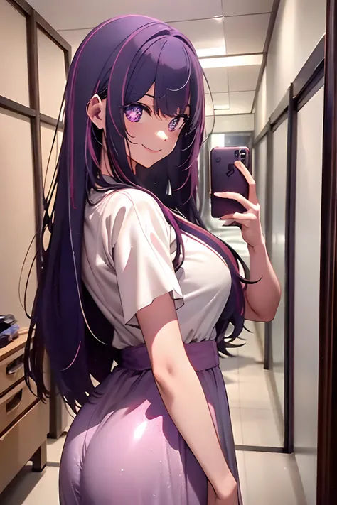 1girl, Hoshino Ai, medium breasts covered in baby oil, breasts exposed, long hair, purple hair, perfect lighting perfect girl perfect world perfect design, innovative design, flawless beauty, bedroom background, absurdres, high res, ultrasharp, 8K, masterp...