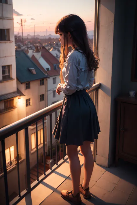 in the evening, A  girl, Standing on the balcony and dreaming about something.