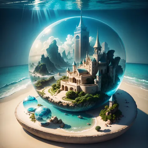 an underwater city，Transparent fog，The hemispherical shape looks down from the sky，fanciful，Artistically。beach sand background