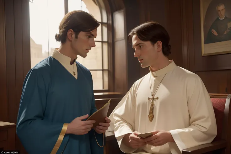 Year: 11th century. Location: London. Pre-raphaelite scene with a 31-year-old english man, physician, talking to a priest, ((((11th century plain tunic)))) ((11th century hairstyle)), (((cinematic style)))