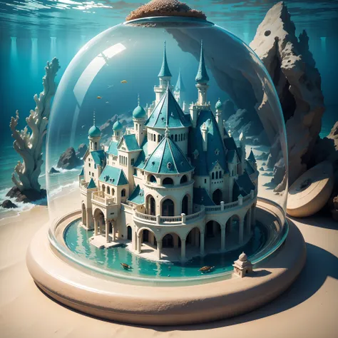 Underwater palace，Marine life，Transparent fog，The hemispherical shape looks down from the sky，fanciful，Artistically。beach sand background