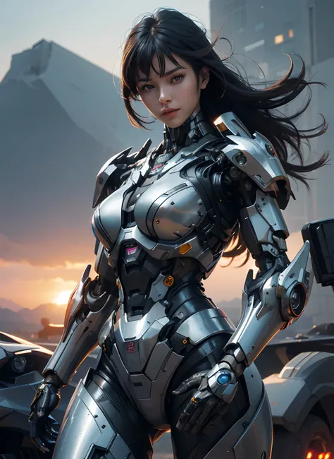 Textured skin, Super Detail, high details, High quality, Best Quality, hight resolution, 1080p, hard disk, Beautiful,(cyborgs),beautiful cyborg woman,Mecha Cyborg Girl,Battle Mode,Girl with a Mecha Body,She wears a battle cyborg mech with a weapon