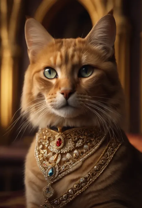 Best Quality,4k,hight resolution,Masterpiece:1.2,Ultra-detailed,Realistic:1.37,Portrait,Cat in a Crown, sitting on the throne,beautiful detail eyes,beautiful detailed lips,Extremely detailed eyes and face,long eyelashes,royalty,rich,An intricately crafted ...