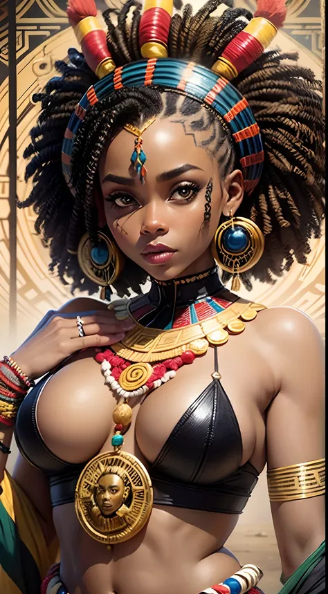 Uma mulher negra bonita com pele negra africana, She is a princess of the forest, wearing tribal costumes with various African tribal accessories, pelo corpo, Wakanda Cultural, Africanos, Ela tem cabelos ondulados, cabelos castanhos cacheados, a beautiful ...