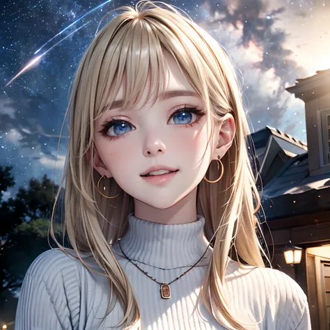 absurderes, ultra-detailliert,bright colour,(in 8K:1.3),masuter piece,extremely beautiful detailed face and eyes, 25 years old, Aurora、city light、constellation、Crescent,intergalactic,lamp post, Particles of light, long-sleeve, milkyway, natta, nigh sky, ou...