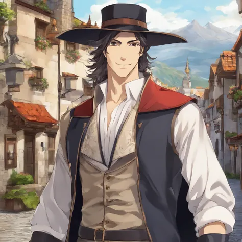 High quality, 8k Resolution, ultra detailed, 1man, male focus, ((kind smile)), looking at viewer, (cowboy shot), (((Strahd von Zarovich in human form))), soft lighting, relaxed pose, (kind facial features), brown hair, nobleman clothing, (medieval town bac...