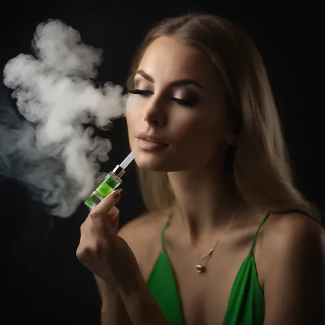 A captivating portrait of a Russian woman in her 20s with long hair and a perfect body is showcased in this photograph. She is dressed in a stylish lime green color seducing short top and is holding a ((very small vape device)) in one had for an advertisem...