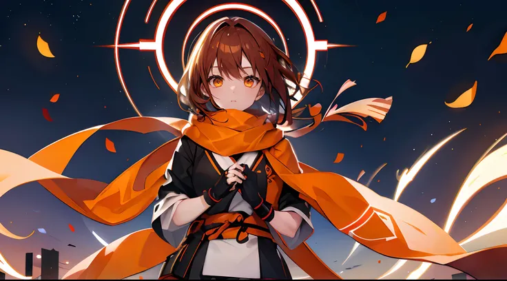 Big logo with the letter R、shinobi、One girl、Flowing in the wind、Orange Long Scarf、A dark-haired、Orange Eyes