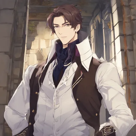 High quality, 8k Resolution, ultra detailed, 1man, male focus, ((kind smile)), looking at viewer, (cowboy shot), (((Strahd von Zarovich but before he became a vampire))), soft lighting, relaxed pose, (kind facial features), brown hair, nobleman clothing, (...