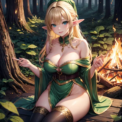 Busty elf girls, ensemble in the forest, campfire.