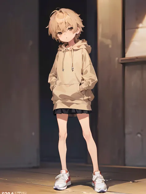 (((7-year-old boy))), ((child)), (((shota))),  very short hair, (oversized beige hoodie), ((beige big hoodie), ((mini-skirt)), (...