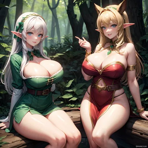 Busty elf girls, ensemble in the forest, campfire.