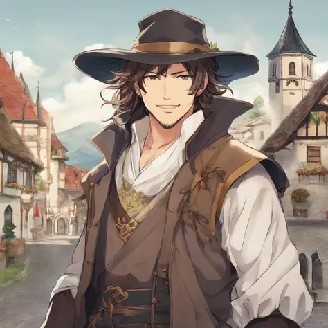 High quality, 8k Resolution, ultra detailed, 1man, male focus, ((kind smile)), looking at viewer, (cowboy shot), ((trevor belmont)), soft lighting, relaxed pose, (kind facial features), brown hair, nobleman clothing, (medieval town background), character s...