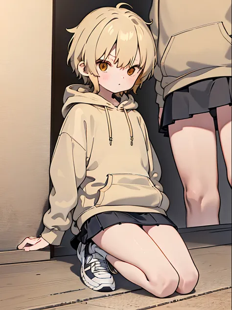 (((7-year-old boy))), ((child)), (((shota))),  very short hair, (Oversized beige hoodie), ((beige big hoodie), ((mini-skirt)), ((bare thigh)), ((thigh focus)), sneakers, A small cute boy,  ((Skinny)),   full body,  (best Quality), (Amazing Details:1.2), 8k...