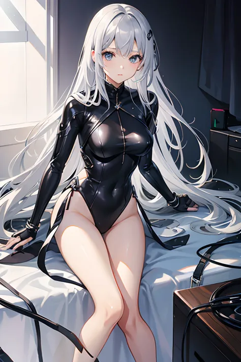 Silver-haired woman、one woman only、20yr old、AI、SF、Black clothe、plugsuit、pretty