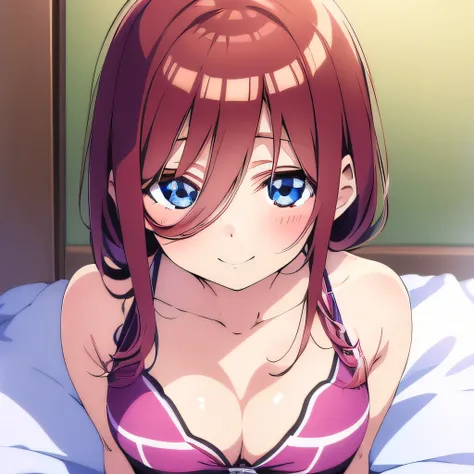 ((masutepiece)), ((Best Quality)), (Ultra-detailed), Anime style, from below looking up, on the bed, Cute little girl s, 1girl in, Solo, underwear00, ((Beautiful eyes)), large full breasts, Smile