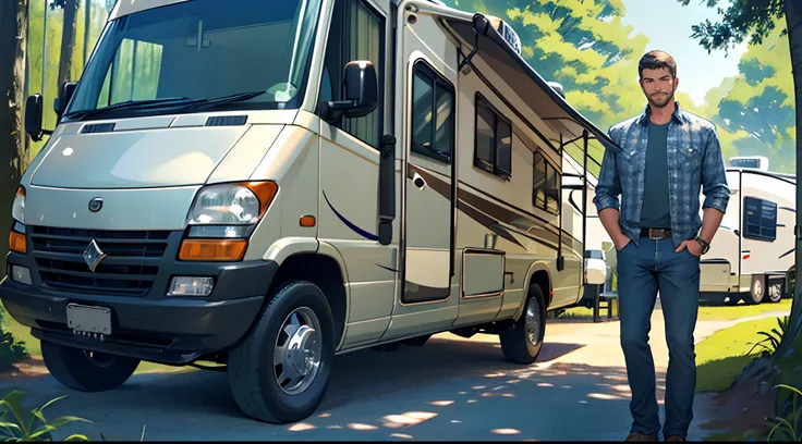 best quality, a handsome man, outdoor, recreational vehicle in the background, motor home, (checkered shirt and jeans), smile, nice haircut, (standing outdoor at the national park with elaborate details, detailed motor home recreational vehicle in the back...