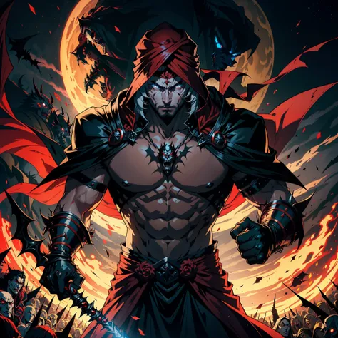 Castlevania Hyper Realistic Shadow Lord Super Detailed Dynamic Shot Master Piece of Lord Dracula Medieval Arab Warrior with Red Turban Scary Face Hokuto No Ken Structure Muscular Face Kenshiro Troops at the head Army of demons to fight sharp details Cinema...