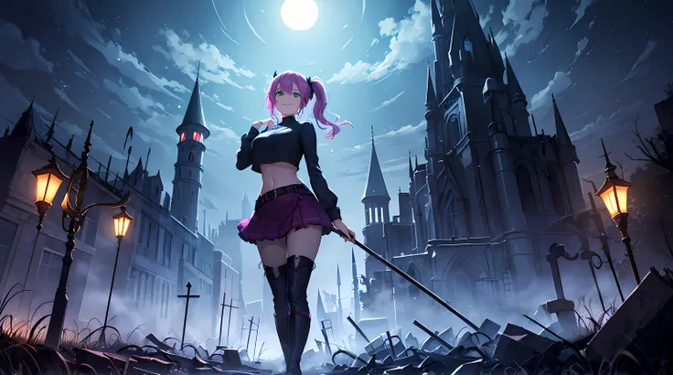 ​masterpiece, 1girl ((20year old, Witches Outfit, Black crop top shirt exposes navel, purple miniskirt, knee-high boots, edium breasts, multicolor pink hair, twin ponytails, green eyes, flirting, happy, big smile, looking up, witches hat, standing in a gra...