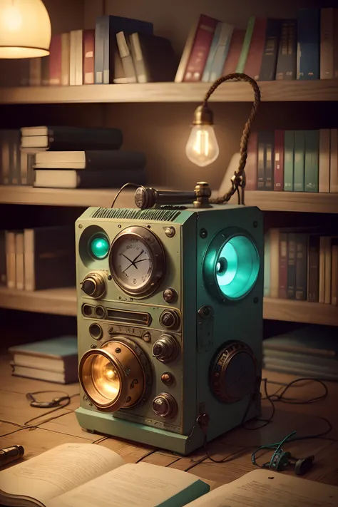 Radio and toy rope parts with lights, With steampunk metal details,Has semi-pastel colors of green and blue, There is a book next to it, Write on the radio Library Radio ,It says micro-hunger( From with).