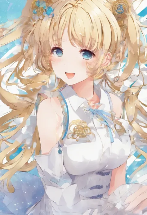 best quality, white background, ultra detailed, Japanese anime style, 1 loli girl, full body, two side up gold hair, odd eyes, sleeves past wrists, happy smile