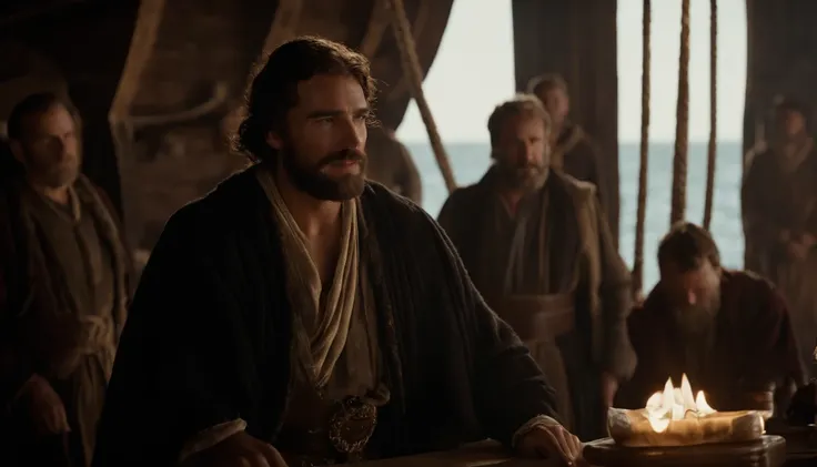 jonas, Character in the Old Testament of the Bible, In the hold of a ship talking to sailors. Bible passage.