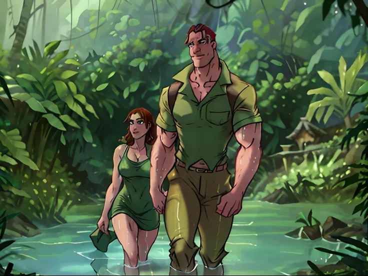 Clayton and woman, couple, walking side by side, through jungle, wet leaves, wet clothes,