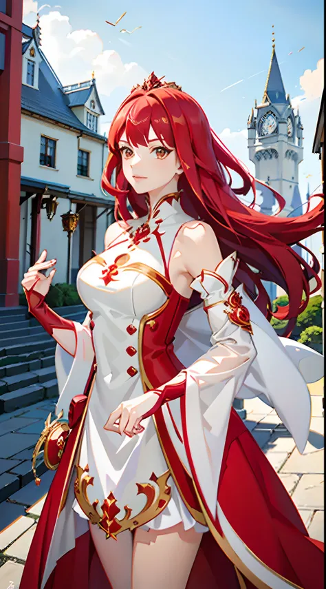 anime - style image of a woman dressed in a red and white dress, ((a beautiful fantasy empress)), redhead queen in heavy red armor, a beautiful fantasy empress, Kushatt Krenz Key Art Women, Guweiz in Pixiv ArtStation, lady in red armor, Guweiz on ArtStatio...