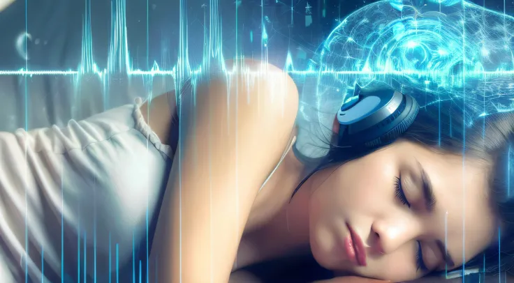 there is a woman sleeping with headphones on and a brainwave, listening to music at 2 am, tinnitus, vibing to music, enhanced noise, wake initiated lucid dream, listening to music, girl wearing headphones, symobolism, synesthesia, psychedelics, lucid dream...